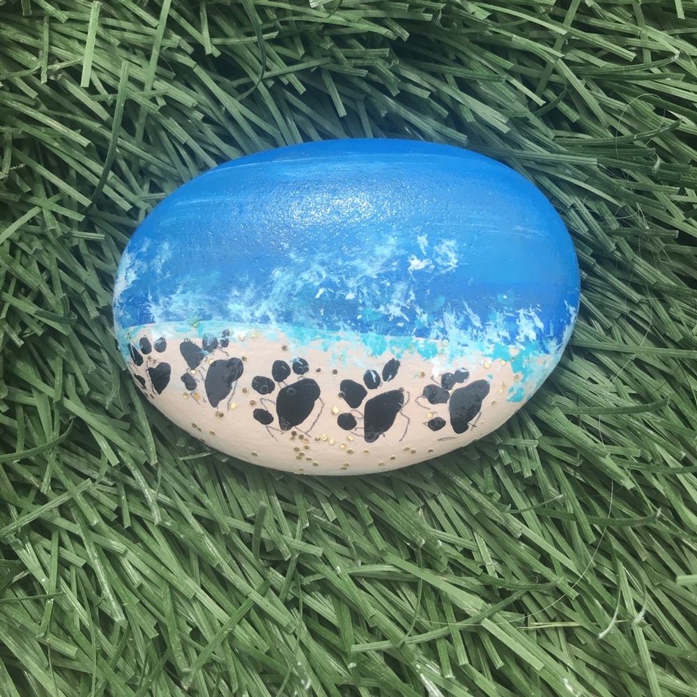 Hand Painted Ocean Paw Print Rock Beach Art